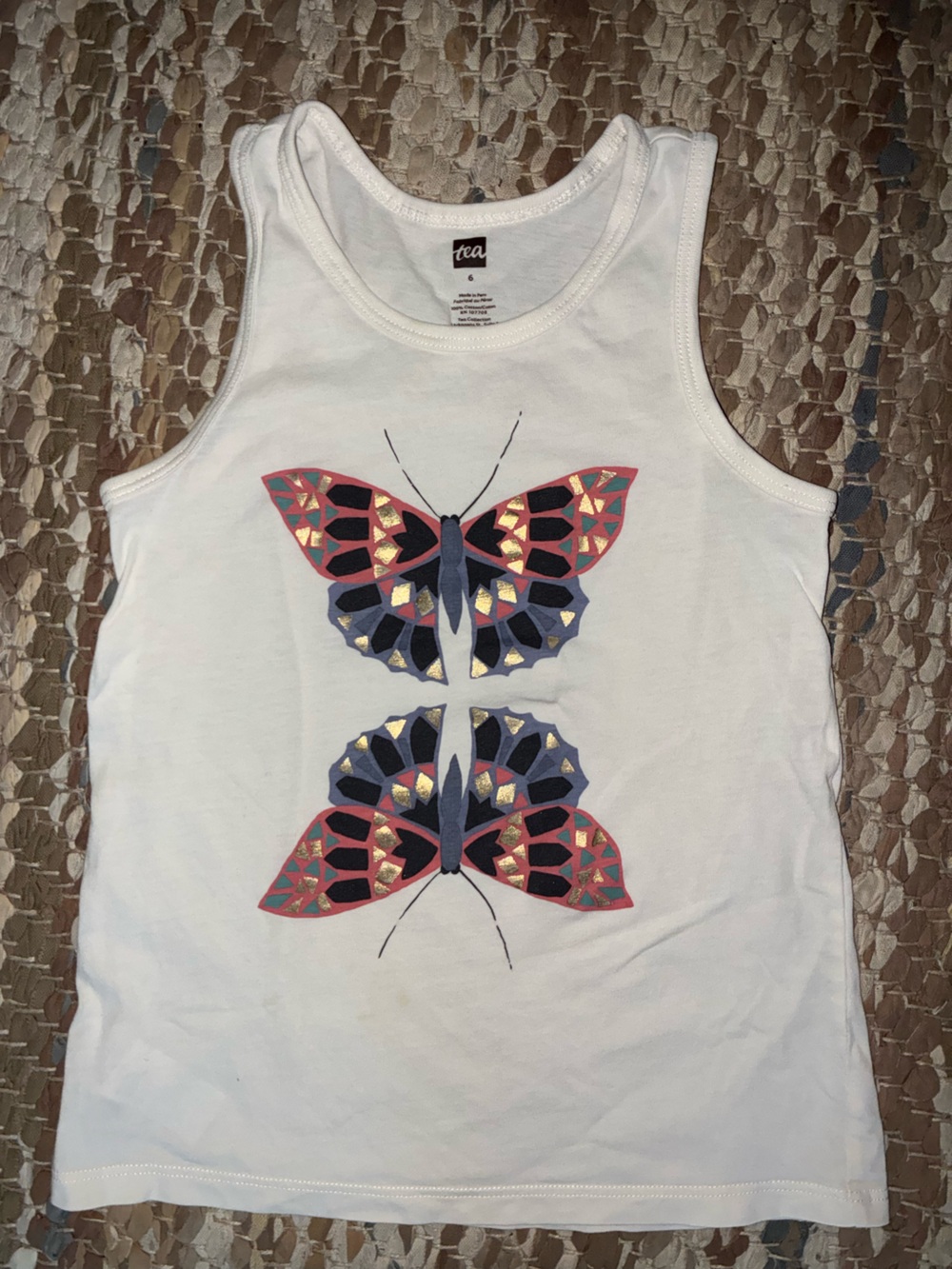 Tea Collection White Tank with Pink, Navy & Gold Butterfly Print
